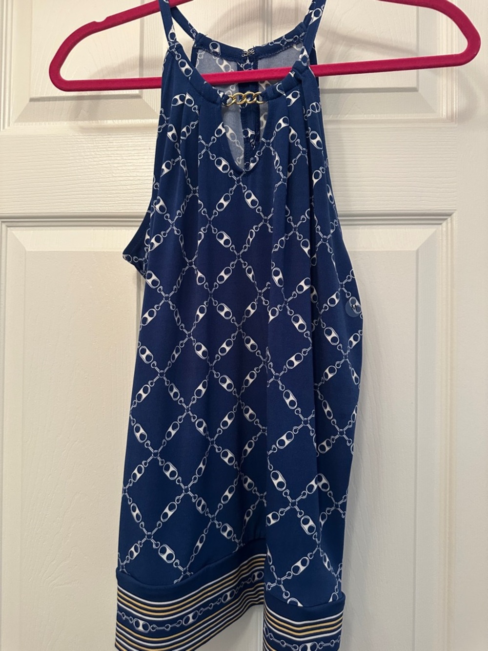 New York & Company Navy and White Chain-Print Halter Camisole with Gold Accent
